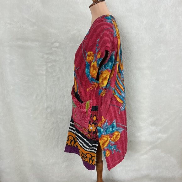 Kantha Bae Open Front Yellow, Red, Blue Green Floral Stitch Jacket Ruana OS - Picture 3 of 7